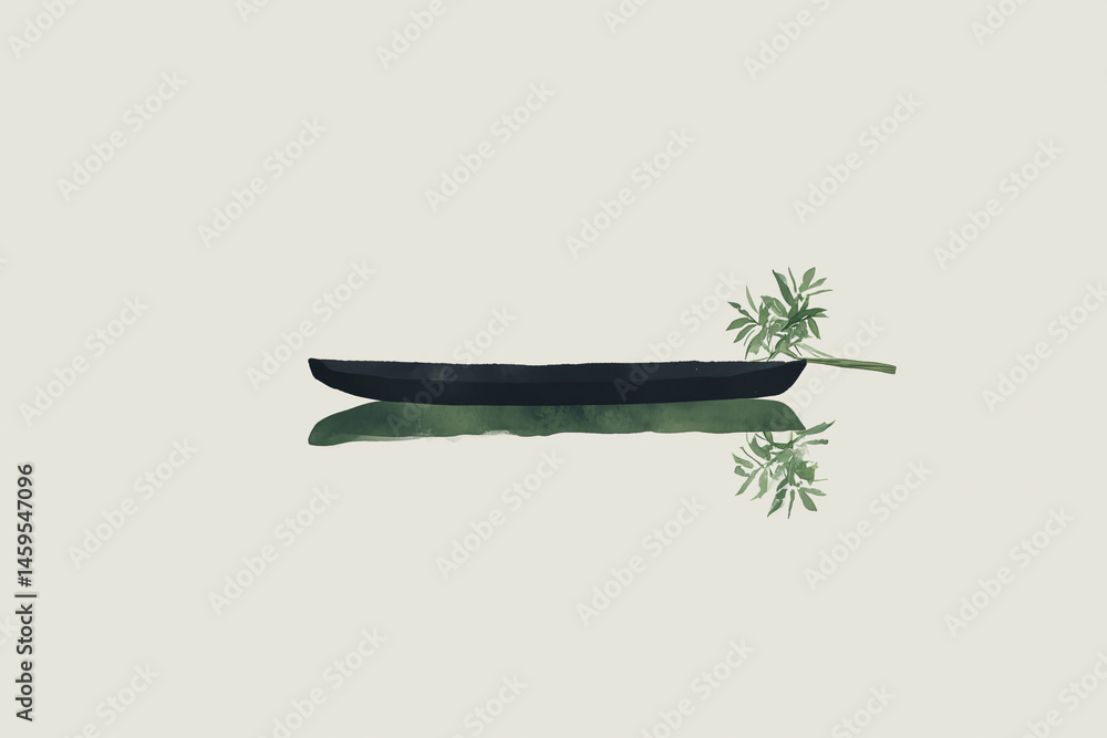 Poster a minimalist composition featuring a simple pan and a sprig of herbs, with its reflection mirroring 