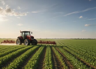 Fototapeta premium Large tractor applying pesticide to soy field, sunny day, spraying, spray, harvest