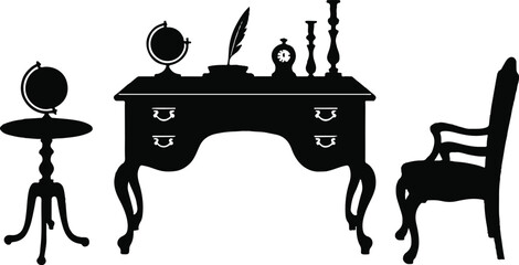 Vector Illustration of a Vintage Office Desk Setup with Globe, Candlesticks, Books, and Quill in Silhouette for Elegant Design Themes