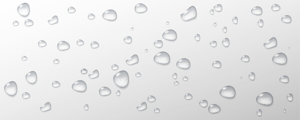 Realistic vector water drops png on a transparent light background. Water condensation on the surface with light reflection and realistic shadow. 3d vector illustration