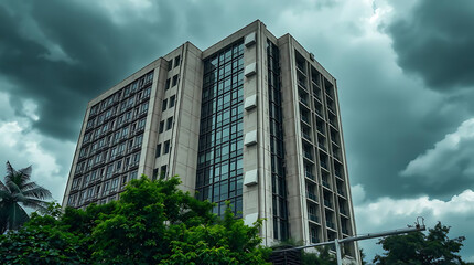 modern brutalism building with lush greenery, created by generative ai