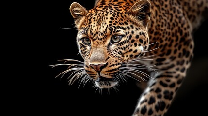 Naklejka premium Close-up of a leopard running, sharp gaze locked forward, its sleek body moving with precision. No people.