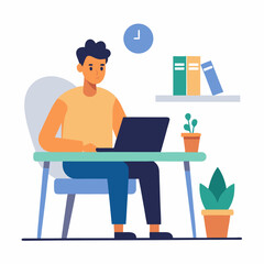 Freelancer working on laptop at home desk vector illustration