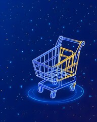 A glowing wireframe shopping cart floats on a digital, starry backdrop, symbolizing online retail