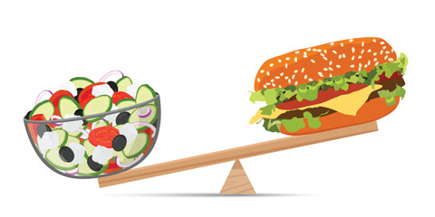 Healthy food and junk food balance on scale. Healthy vs junk food balance – burger and salad on wooden seesaw