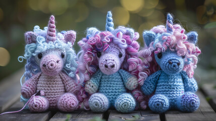 Fototapeta premium Adorable handmade yarn unicorn toy plushies for kids 