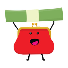 Cartoon character funny red purse, wallet holding banknote stack, dollar bundle isolated on white background. Money