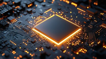 Central processing unit on circuit board, glowing