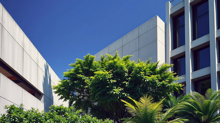 modern brutalism building with lush greenery, created by generative ai