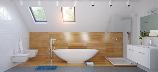 White attic bathroom with wooden panels