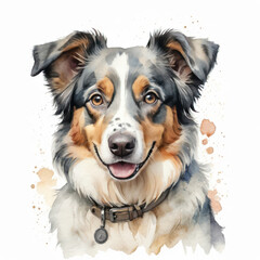 Vivid portrait of an adorable Australian Shepherd dog illustrated in a watercolor style.