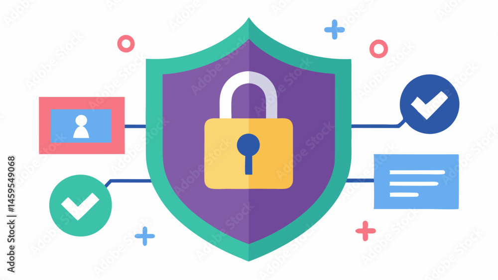 Poster electoral security an illustration of a shield covered in symbols of lock key and a ballot indicatin