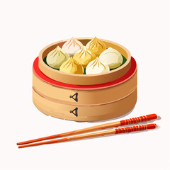 Steamed Dumplings in Bamboo Basket with Chopsticks &ndash; Traditional Asian Cuisine Vector Illustration

