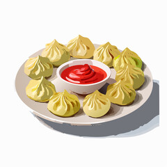 Steamed Dumplings with Red Dipping Sauce on Round Plate &ndash; Asian Street Food Vector Illustration


