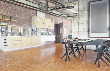 Industrial kitchen with exposed brick wall