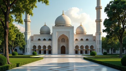 Stunning white mosque with gold accents and multiple domes