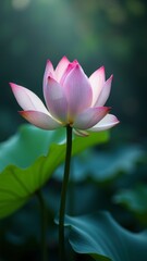 Obraz premium Pink lotus flower with green leaves on stem