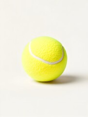 A vibrant yellow tennis ball rests on a stark white background, showcasing its fuzzy texture and distinct white seam