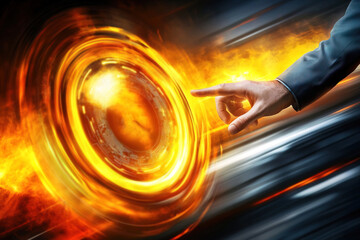 Businessman interacts with digital AI hologram interface