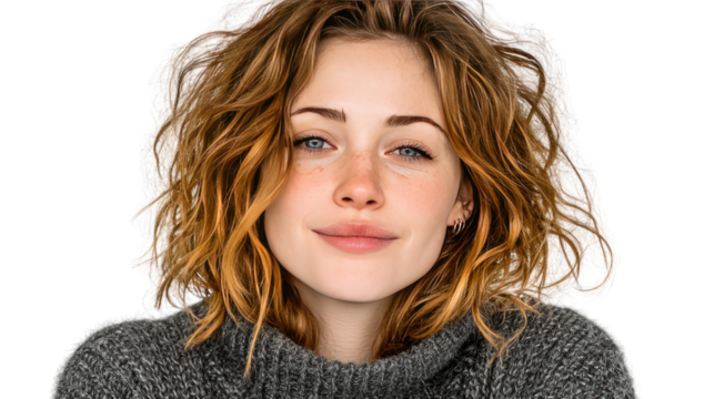 Charming Portrait of a Smiling Woman: A captivating portrait showcases a young woman with curly, auburn hair, wearing a cozy grey sweater and radiating a genuine, subtle smile.