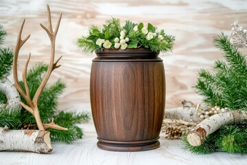 Rustic wooden planter filled with greenery and festive decor placed against a textured wooden background