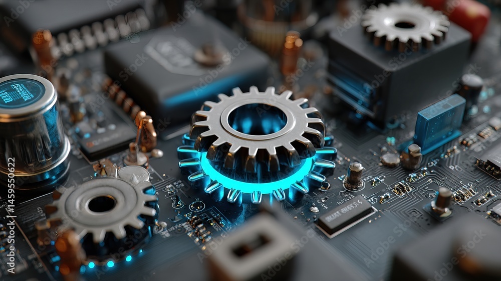 Poster high-tech system board with glowing components in 3d design
