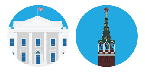 Vector illustration white house building in Washington round icon. Kremlin tower with clock in Moscow flat icon