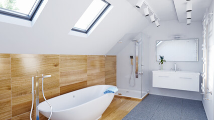Bathroom with skylight and wooden accents