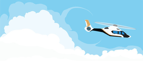 White, luxury, realistic helicopter flying in the blue sky with clouds