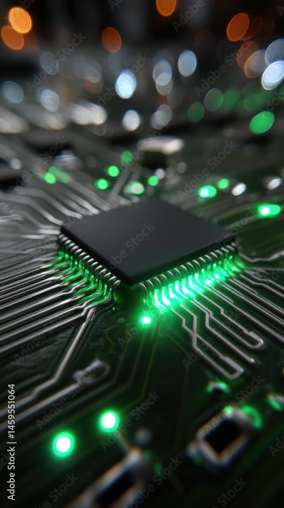 Poster circuit board microchip with green lights technology and data processing artificial intelligence mac