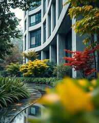 modern brutalism building with lush greenery, created by generative ai