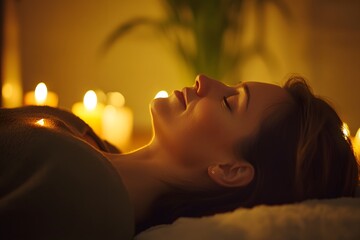 reiki healing session on spa table woman lying eyes closed peaceful candlelight room