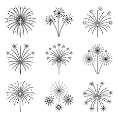 Set of fire works sketch drawing line art vector illustration on white background.