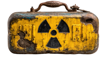 Hazardous Material: An aged container bearing a potent symbol of radiation caution, weathered and worn, symbolizing a poignant visual reminder of potential danger.