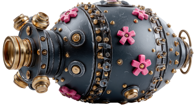 Steampunk Submersible Vessel: A futuristic submersible vessel crafted in a steampunk aesthetic, combining intricate gears, brass accents, and a unique floral motif.