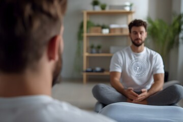 Fototapeta premium male therapist explaining meridian chart to client holistic studio background