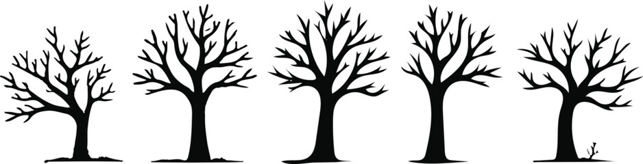 Vector Illustration of Five Bare Trees in Winter with Unique Shapes and Sizes for Seasonal, Nature, and Environmental Design Projects