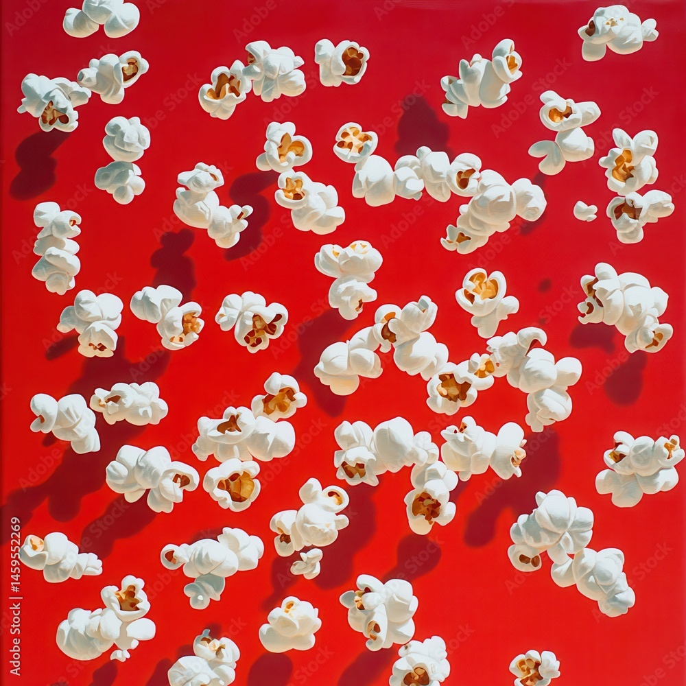 Poster Aerial popcorn on a vibrant red backdrop. The puffed kernels create a playful, abstract pattern, a burst of savory delight visually.