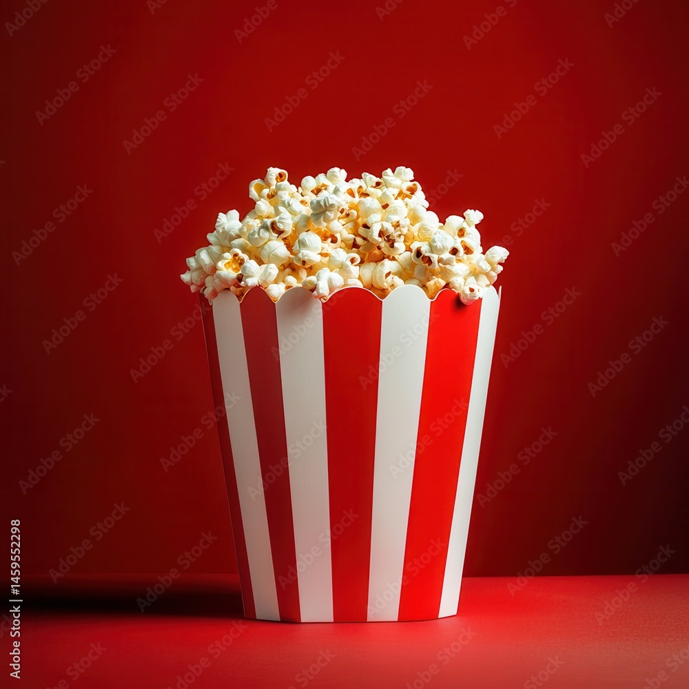 Poster classic striped popcorn container overflowing with fluffy, buttery kernels, perfect for movie night 
