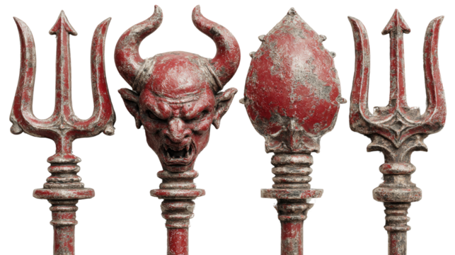 Devil's Weapon: A collection of four devil-themed weapon, including a trident, a head of devil, a spear head, and a trident, is displayed on white background.