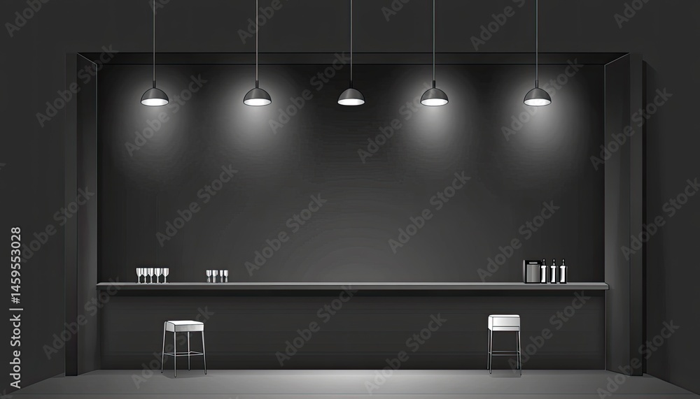 Poster minimalist bar interior design with overhead lighting a long counter stools and subtle shadows creat