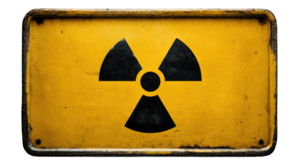 Radioactive Hazard Sign: A weathered radioactive hazard sign, showcasing the iconic trefoil symbol, warns of potential danger. The image captures the stark simplicity and visual impact.