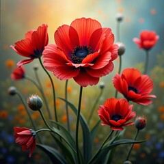 Obraz premium Red poppies bloom in a field with blue flowers