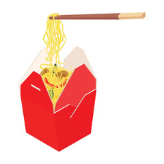 Wok noodles with mushrooms and vegetables in blank cardboard box and chopsticks. Asian food delivery