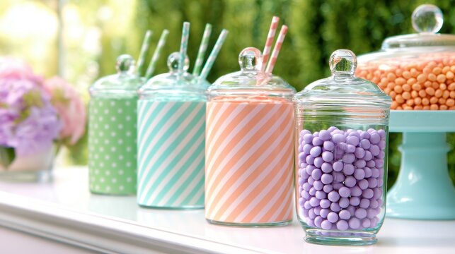 Colorful candy jars with striped patterns and decorative straws set against a lush garden backdrop