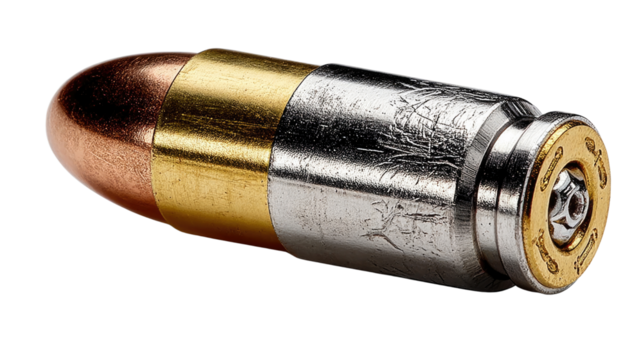 Shining Ammunition: A high-angle shot presents a bullet against a monochrome backdrop, demonstrating the intricate details of its metallic composition.