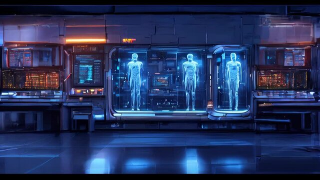 video of human cloning with male and female figures developing in glass chambers inside a lab. Concept of astronaut hibernation for extended space missions - sci-fi tech illustration 