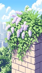 Lush lilac blossoms cascade over a brick wall, overlooking a cityscape under a bright sky