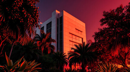 modern brutalism building with lush greenery, created by generative ai