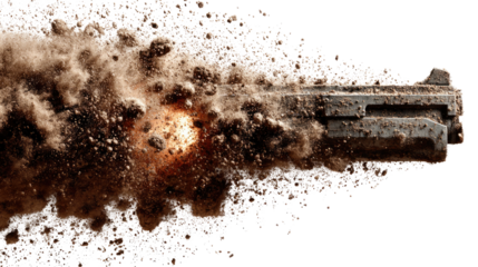 Firing Gun: High-speed capture of a handgun firing, with smoke and debris erupting from the barrel, showcasing raw power and explosive action.